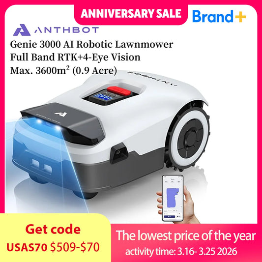 Anthbot Genie600/Genie3000 AI Wireless Robotic Lawnmower Max. 900 m² Full Frequency Band RTK + 4 Camera Vision Lawn Mower Robot