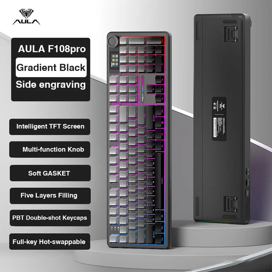 AULA F108pro Wireless Bluetooth Keyboard Macro Gaming keyboard Gasket Hot-swap Full Size Keyboard with TFT Smart Display