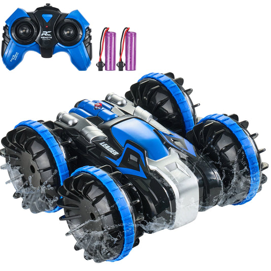 SucceBuy Blue/Yellow Amphibious RC Car Boat 2.4GHz 12 km/h Electric Remote Control 360° Rotating Stunt Car Water Beach Pool Toys
