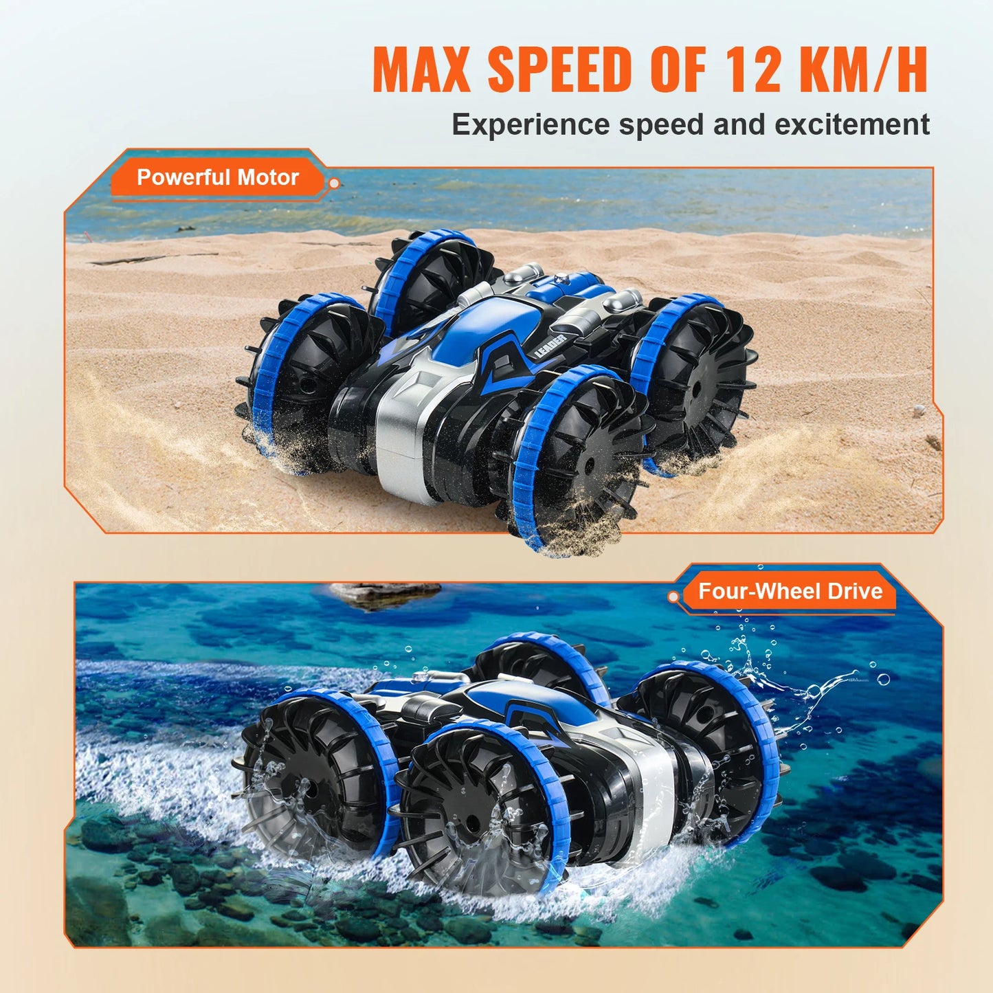 SucceBuy Blue/Yellow Amphibious RC Car Boat 2.4GHz 12 km/h Electric Remote Control 360° Rotating Stunt Car Water Beach Pool Toys