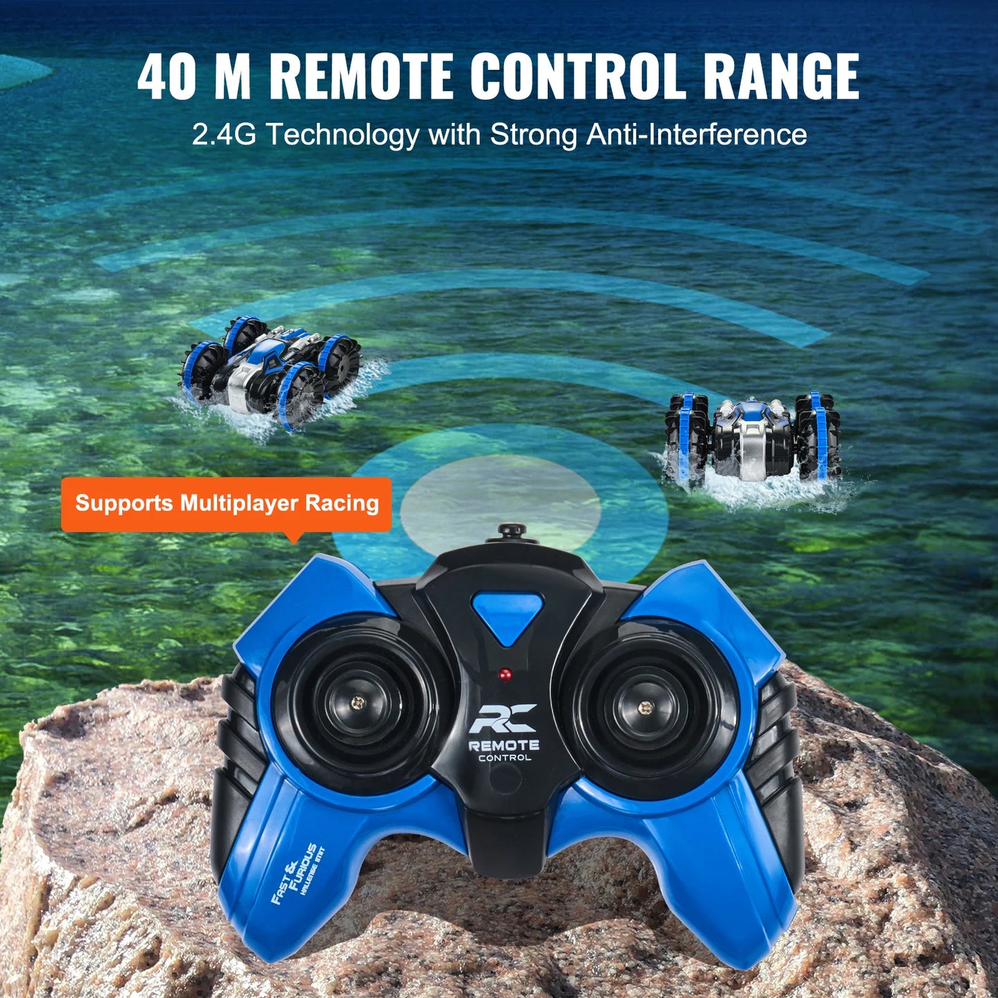 SucceBuy Blue/Yellow Amphibious RC Car Boat 2.4GHz 12 km/h Electric Remote Control 360° Rotating Stunt Car Water Beach Pool Toys
