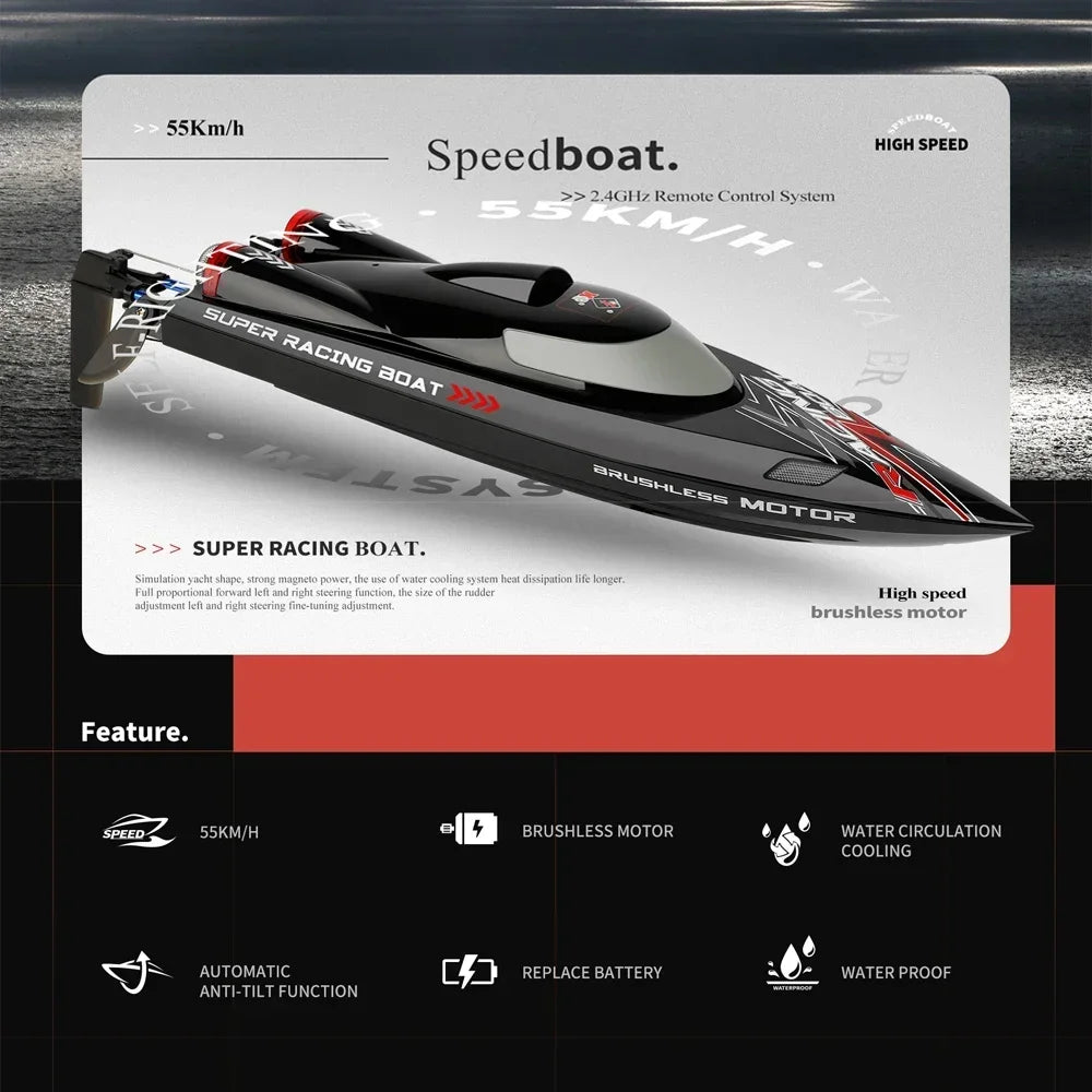 WLtoys WL916 RC Boat 2.4Ghz 55KM/H Brushless High Speed Racing Ship Remote Control Speedboat Toys For Adults with 2 Batteries