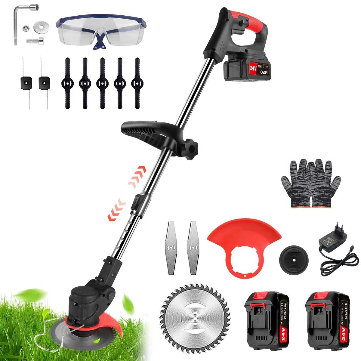 Electric Lawn Mower Cordless Grass Cutter with 2 Batteries Handheld Lawnmower Adjustable Length Grass Trimmer