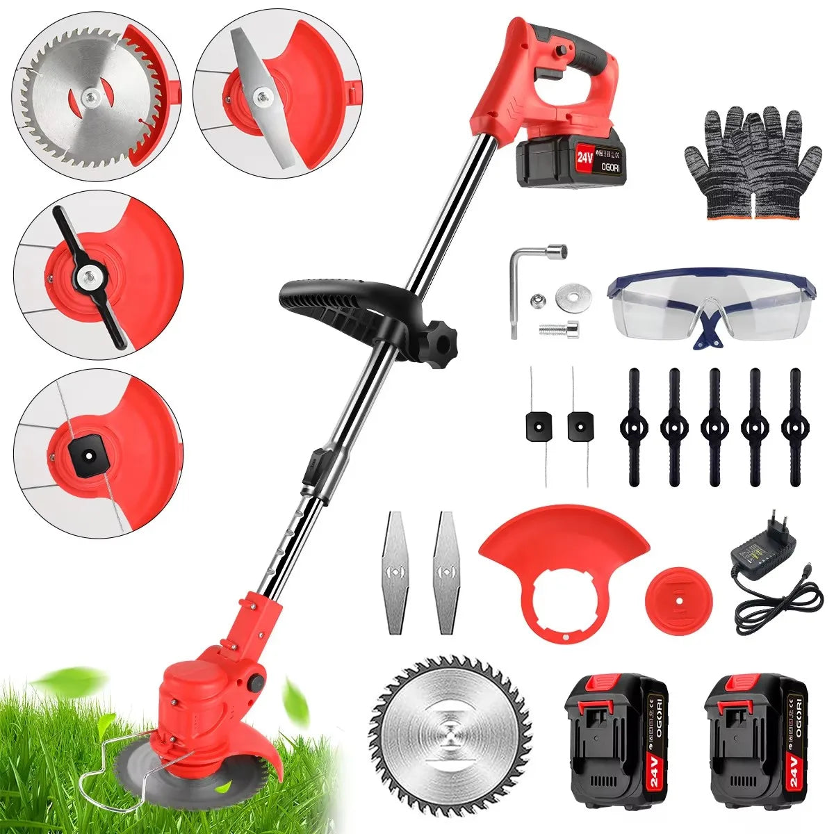 Electric Lawn Mower Cordless Grass Cutter with 2 Batteries Handheld Lawnmower Adjustable Length Grass Trimmer