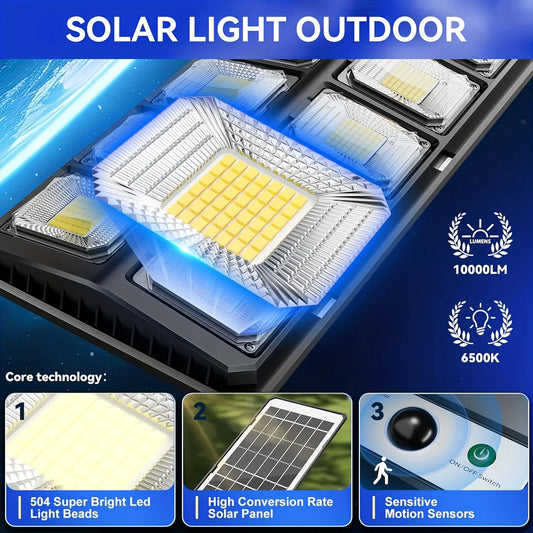 100,000LM Solar Flood Light6500K, 504 LEDs, IP65, Motion Sensor, Remote. For Parking Lot, Yard, Basketball Court