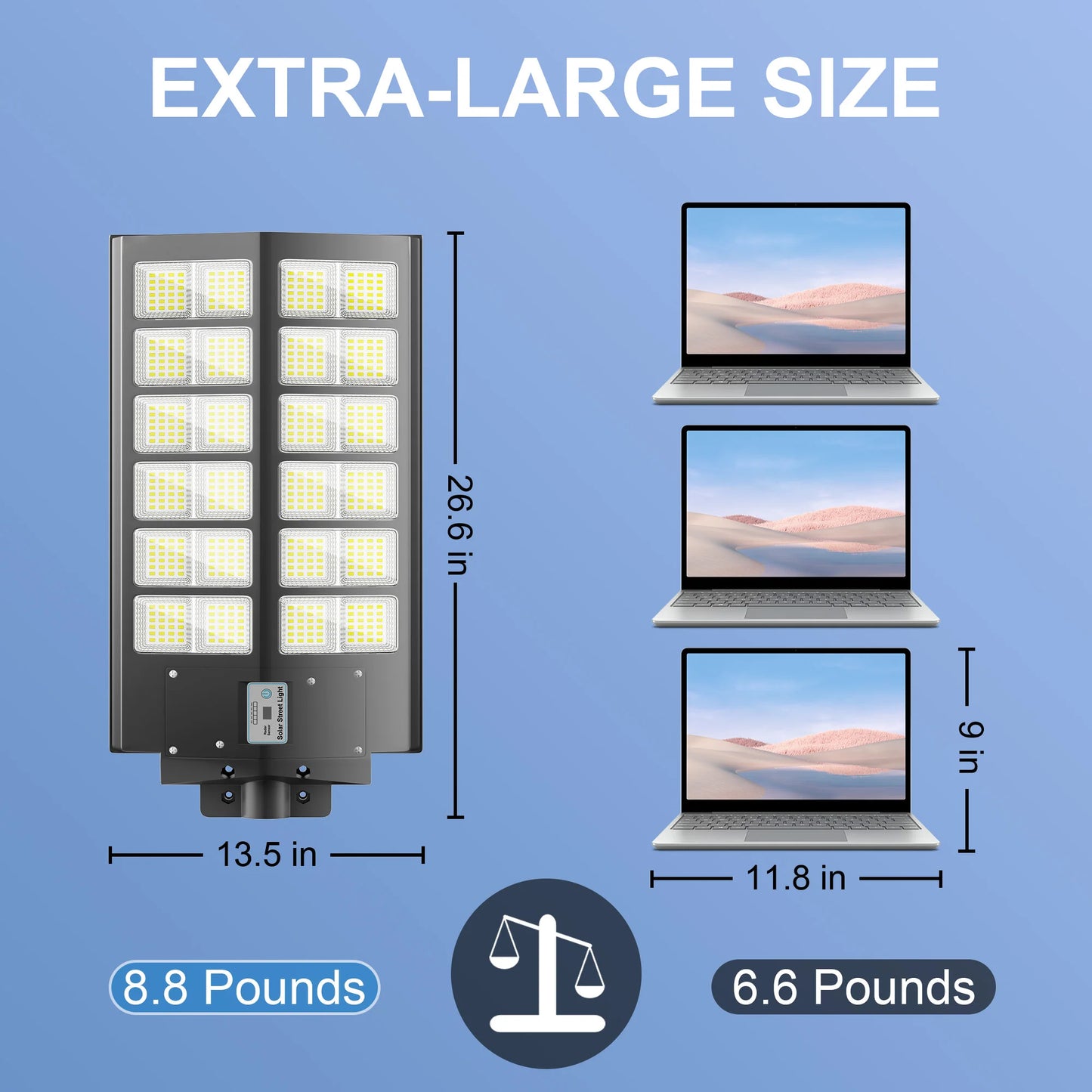 6000-watt waterproof solar street lights. Automatically turn on at dusk and are equipped with motion sensors. Suitable for comme