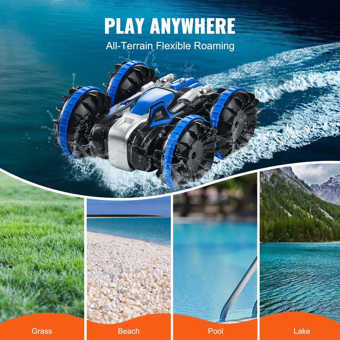 SucceBuy Blue/Yellow Amphibious RC Car Boat 2.4GHz 12 km/h Electric Remote Control 360° Rotating Stunt Car Water Beach Pool Toys